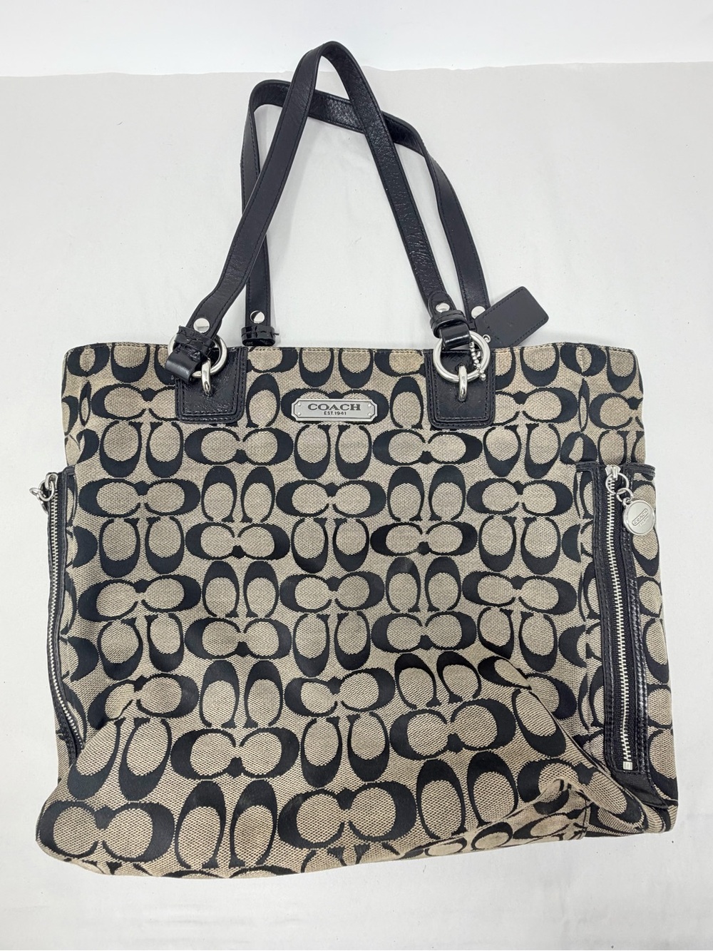 Coach Signature Logo Tote Bag Beige Black Zip Closure Bag Charm Pockets - Picture 3 of 14